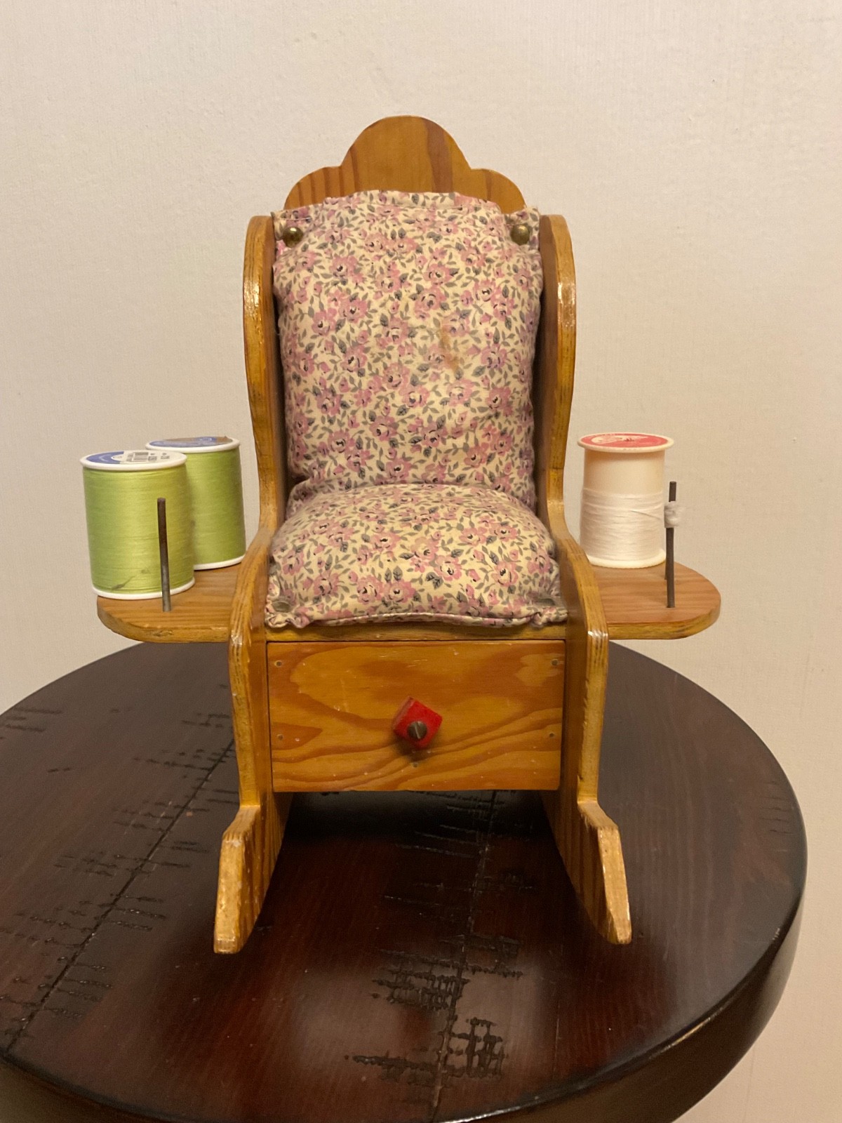 Vintage Wooden Rocking Chair Pin Cushion Scissor Thread Spool Holder w/ Drawer