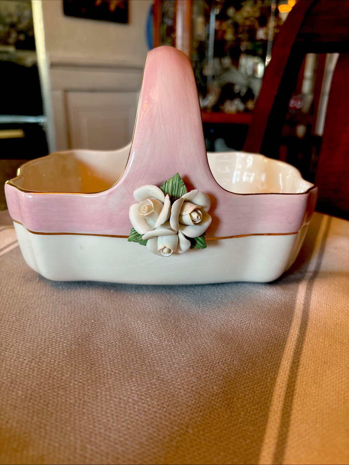 Teleflora Ceramic Basket Pink and White/Gold Trim with Pink Porcelain Roses