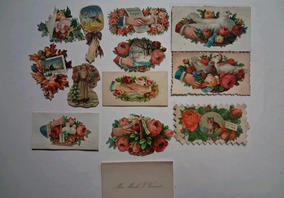1880s-90s Ephemera Victorian Floral Doves Birds Cats Embossed SANTA 13 PIECES