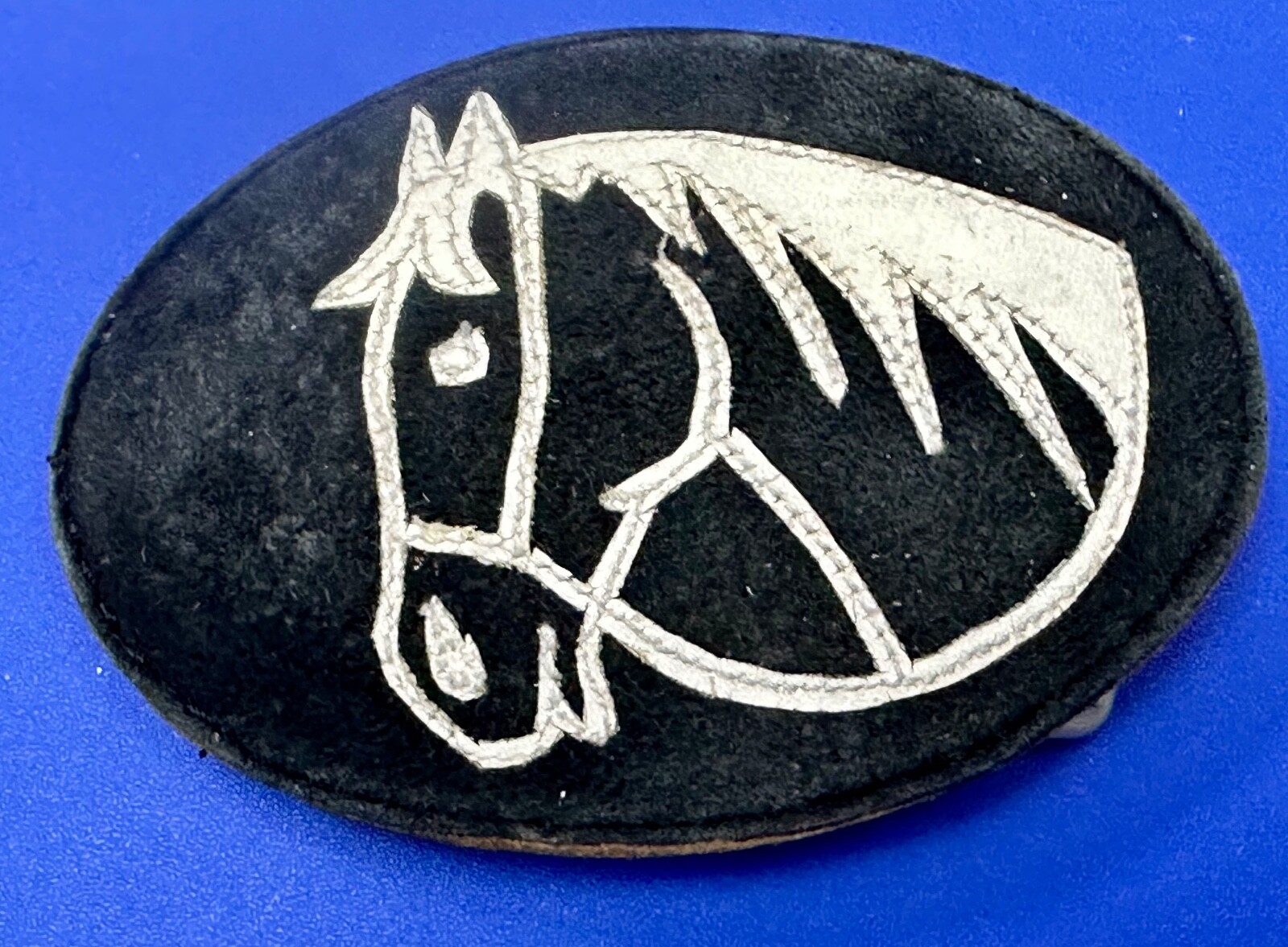 Horse Head - Black and white, suede and leather vintage oval belt buckle