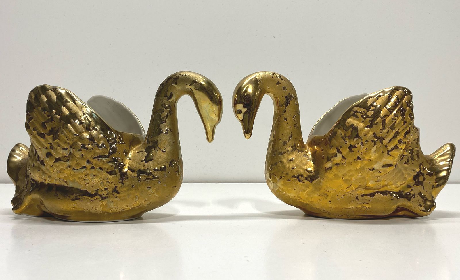 Bel Terr Swan Figurines Mid Century Gold Painted Candy Dish Ceramic Art