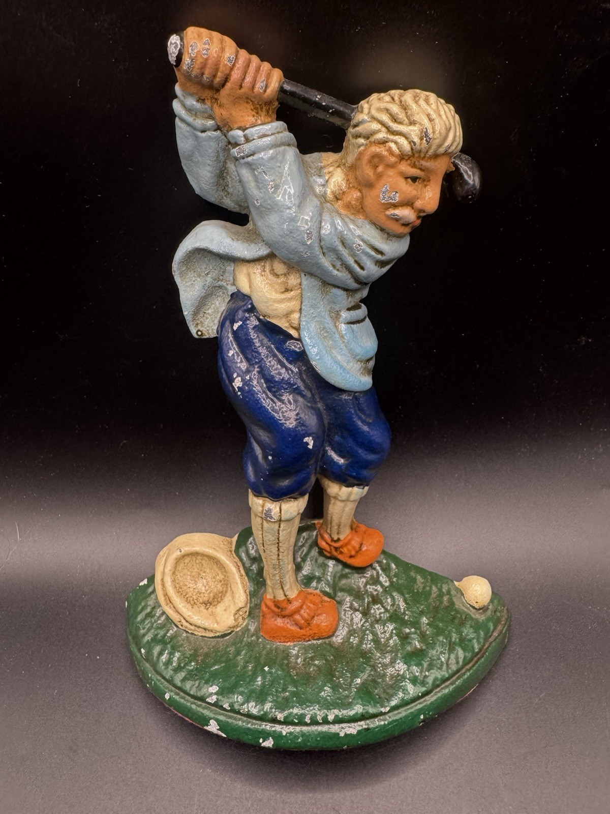Vintage Cast Iron Golfer Golfing Doorstop Hand Painted 1990 Labeled VTG Vintage Cast Iron Golfer Golfing Doorstop Hand Painted 1990 Labeled VTG
