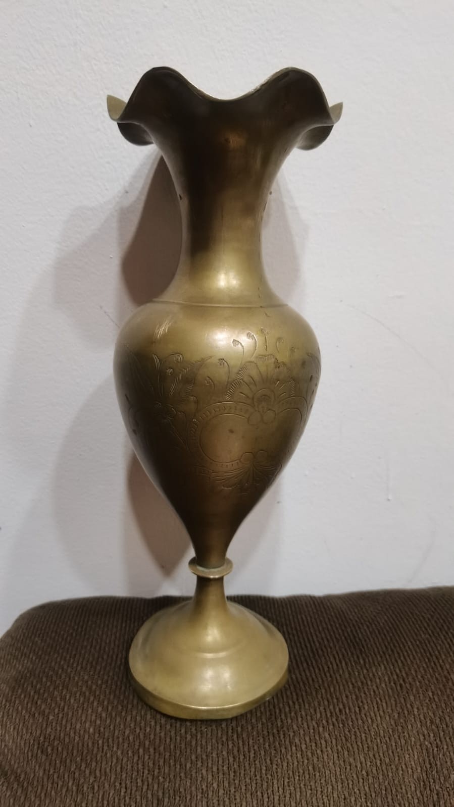 Vintage Handcrafted Brass Vase Hand Etched Floral Design Fluted Rim Urn 34cm 850