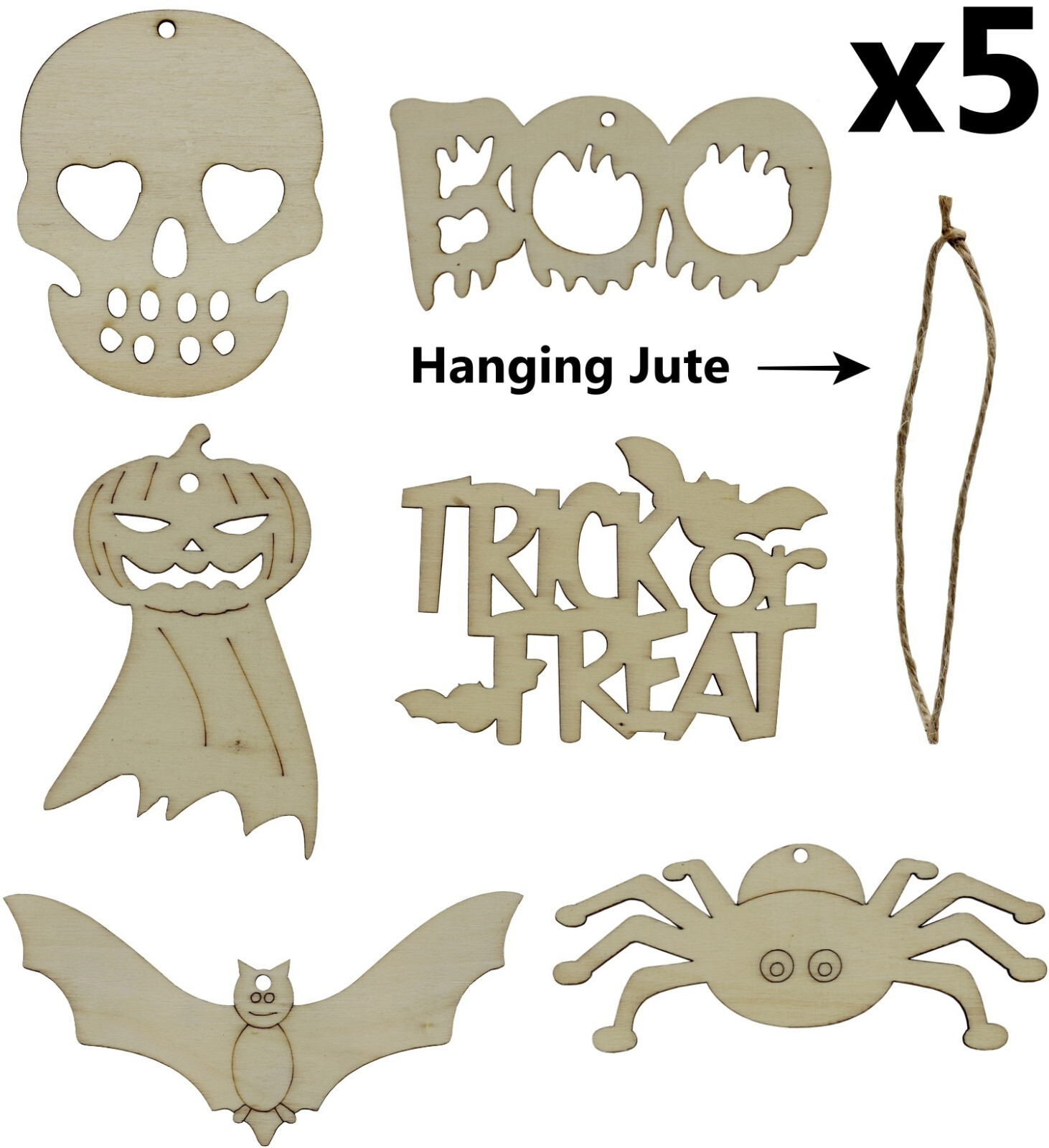 30 Piece Wood Craft Halloween Ornament Variety Pack with Hanging Jute - DIY