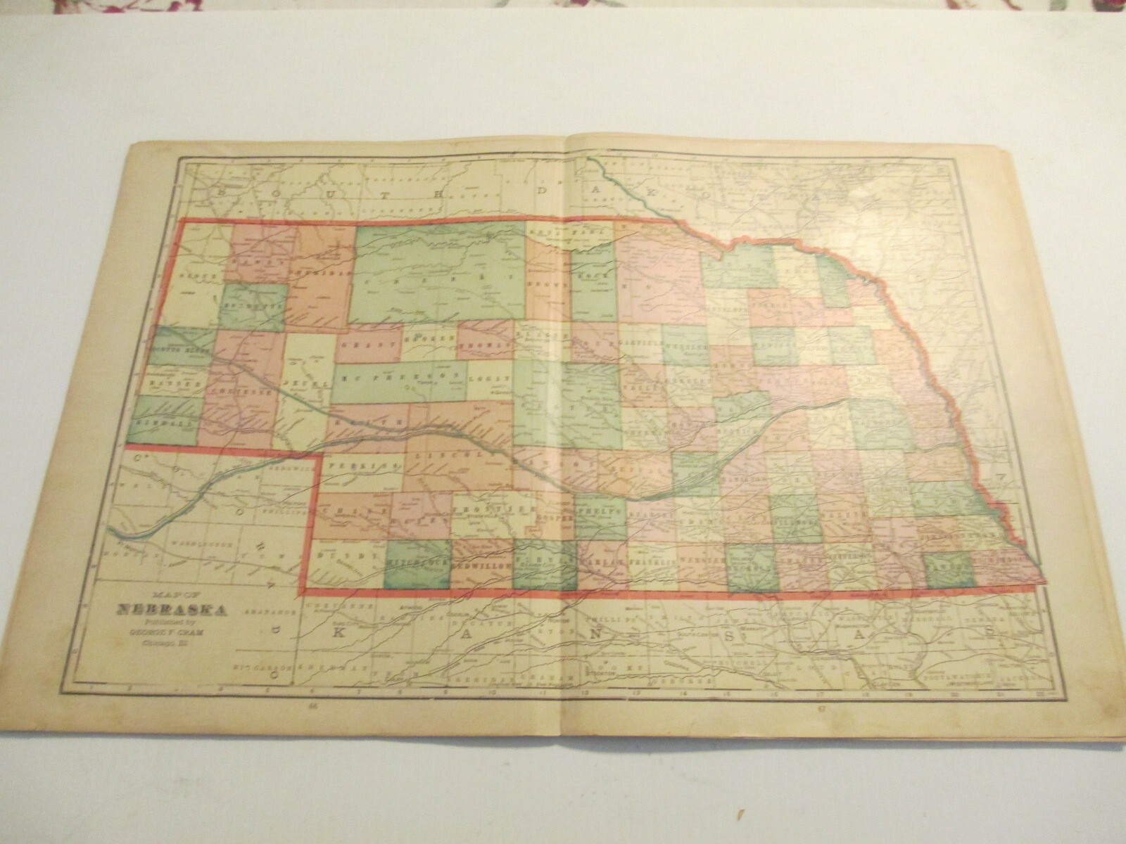 ANTIQUE MAP  OF NEBRASKA CRAM\'S  ATLAS 1905  23 X 14.5