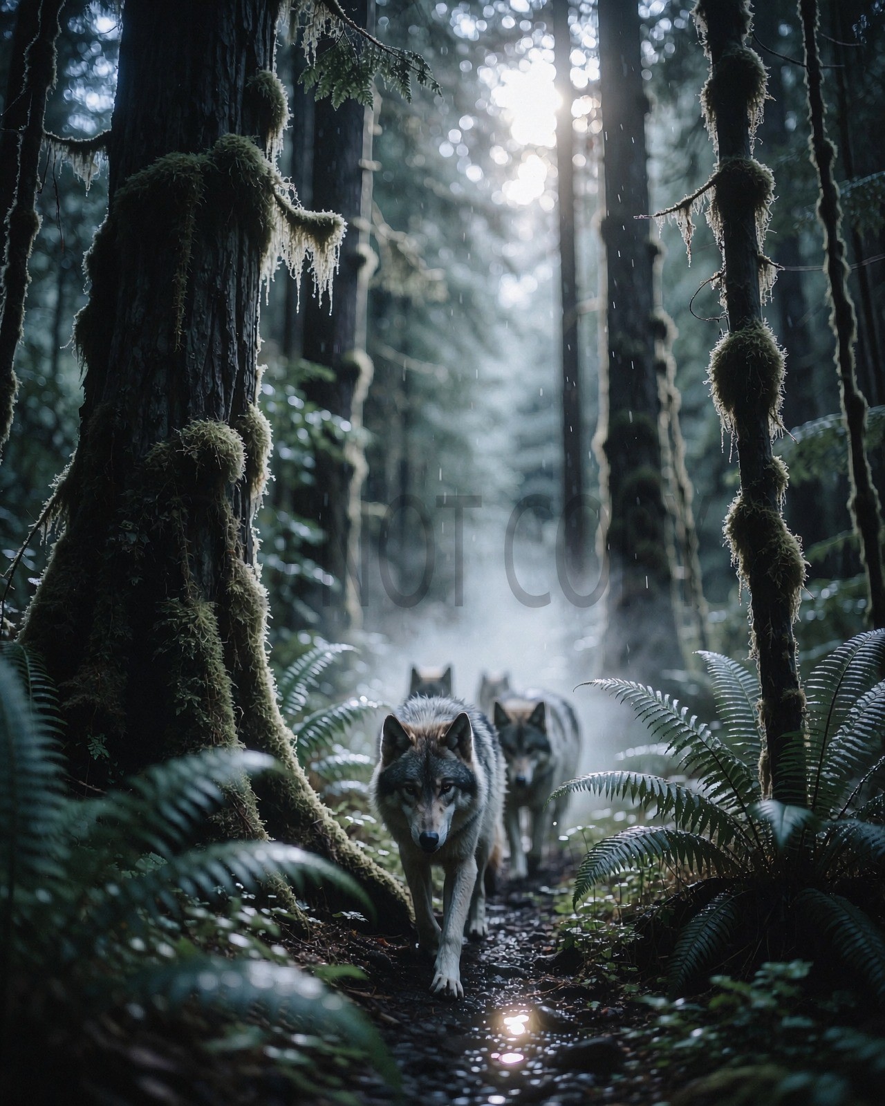 Wolves Walking Misty Ancient Forest Ferns Moody Dark Fantasy Art Print