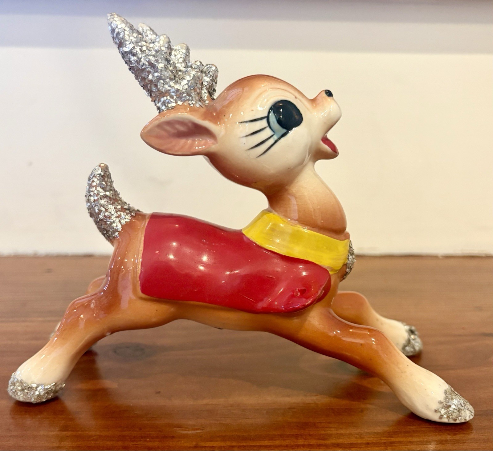 Vintage RB Japan Ceramic Reindeer Silver Glitter 5.25”
