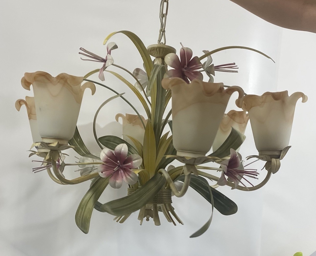 Vtg Toleware 6 Arm Chandelier Girls Room Pink Light Fixture Cottagecore 27x16 Vtg Toleware 6 Arm Chandelier Girls Room Pink Light Fixture Cottagecore 27x16