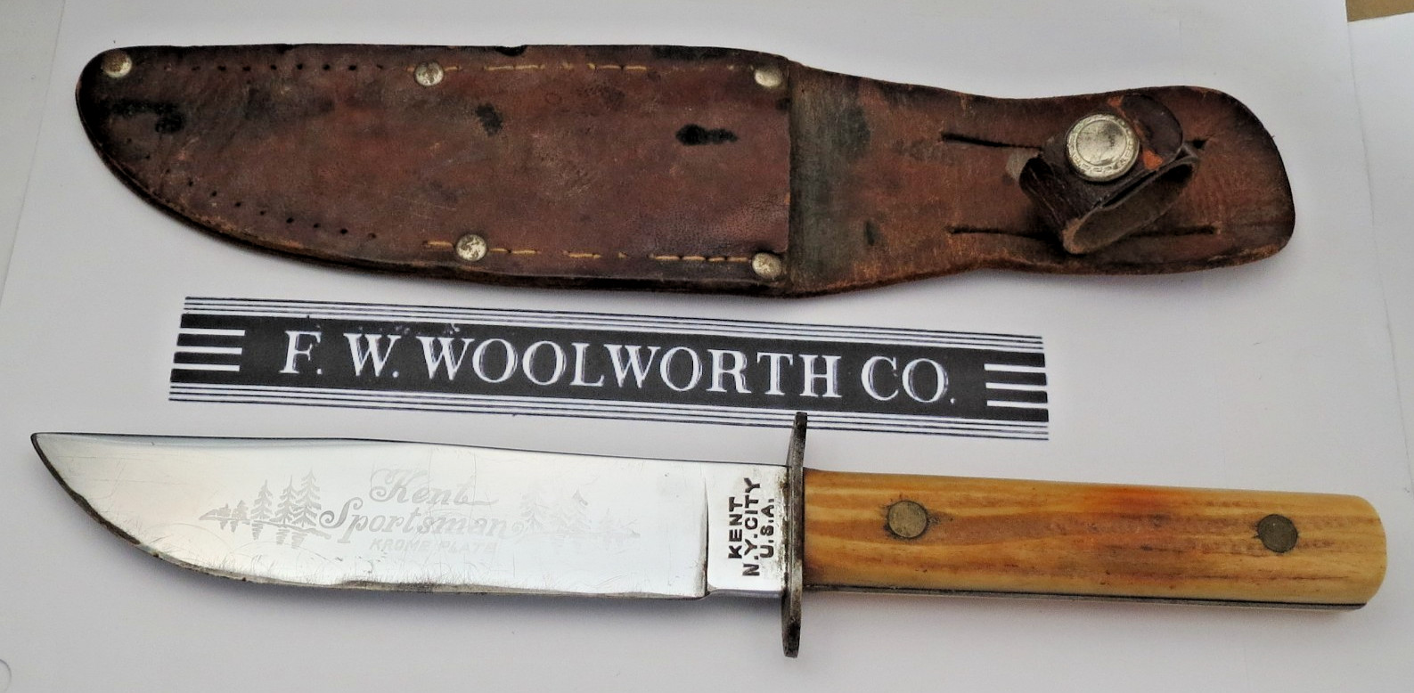 Antique Bowie Hunter Knife Woolworth KENT SPORTSMAN - Winterbottom Bone - Etched