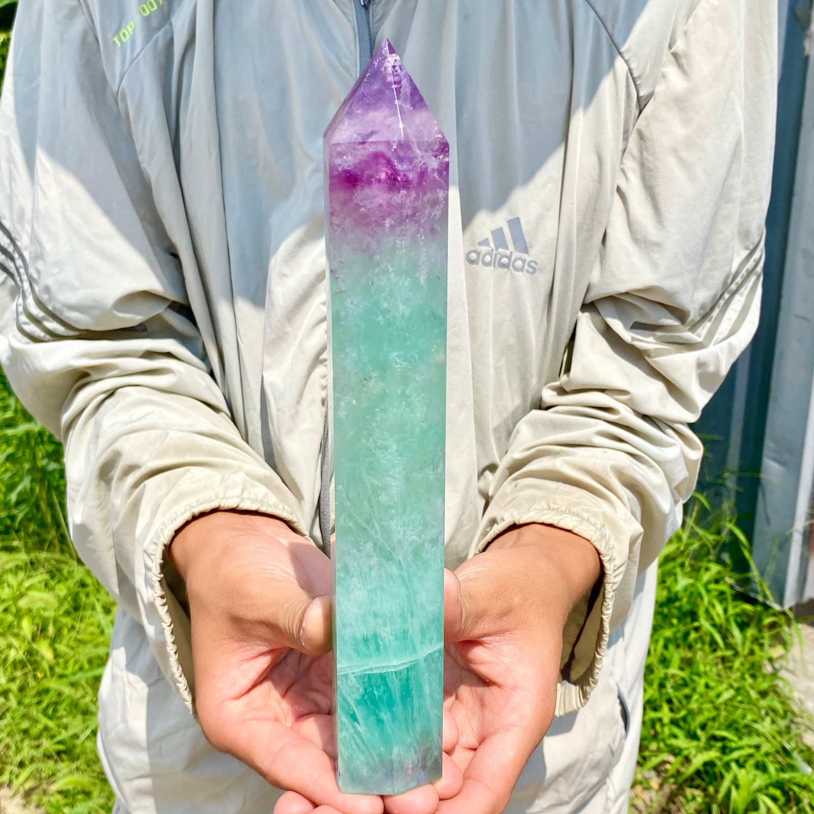 2.12LB Natural Rainbow Fluorite Obelisk Quartz Crystal Wand Tower Point Healing