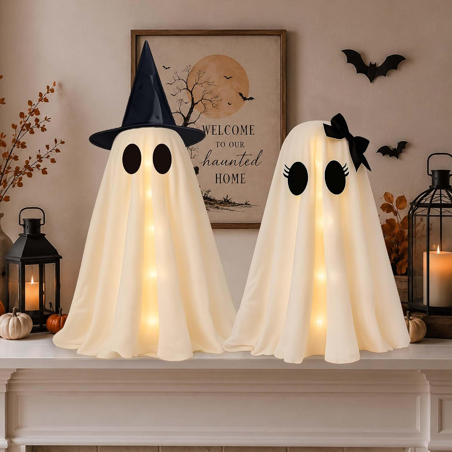 2 Pack 24 Inch Halloween Ghost Decorations, Light up Ghosts with Witch Hats, DIY 2 Pack 24 Inch Halloween Ghost Decorations, Light up Ghosts with Witch Hats, DIY
