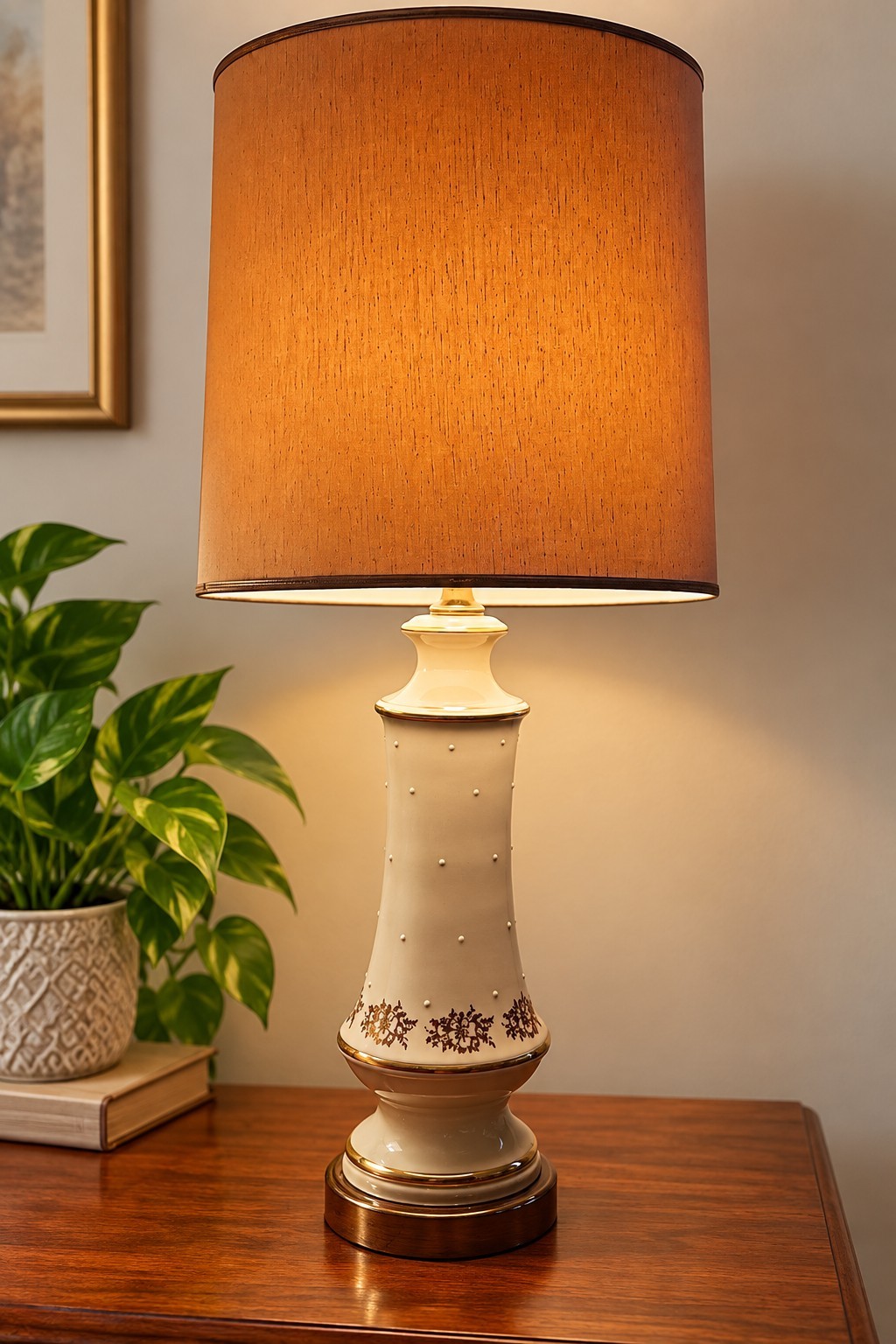 Vtg Mid Century Table Lamp Dotted White Ceramic 50's Gold Floral Grannycore 32 Vtg Mid Century Table Lamp Dotted White Ceramic 50's Gold Floral Grannycore 32