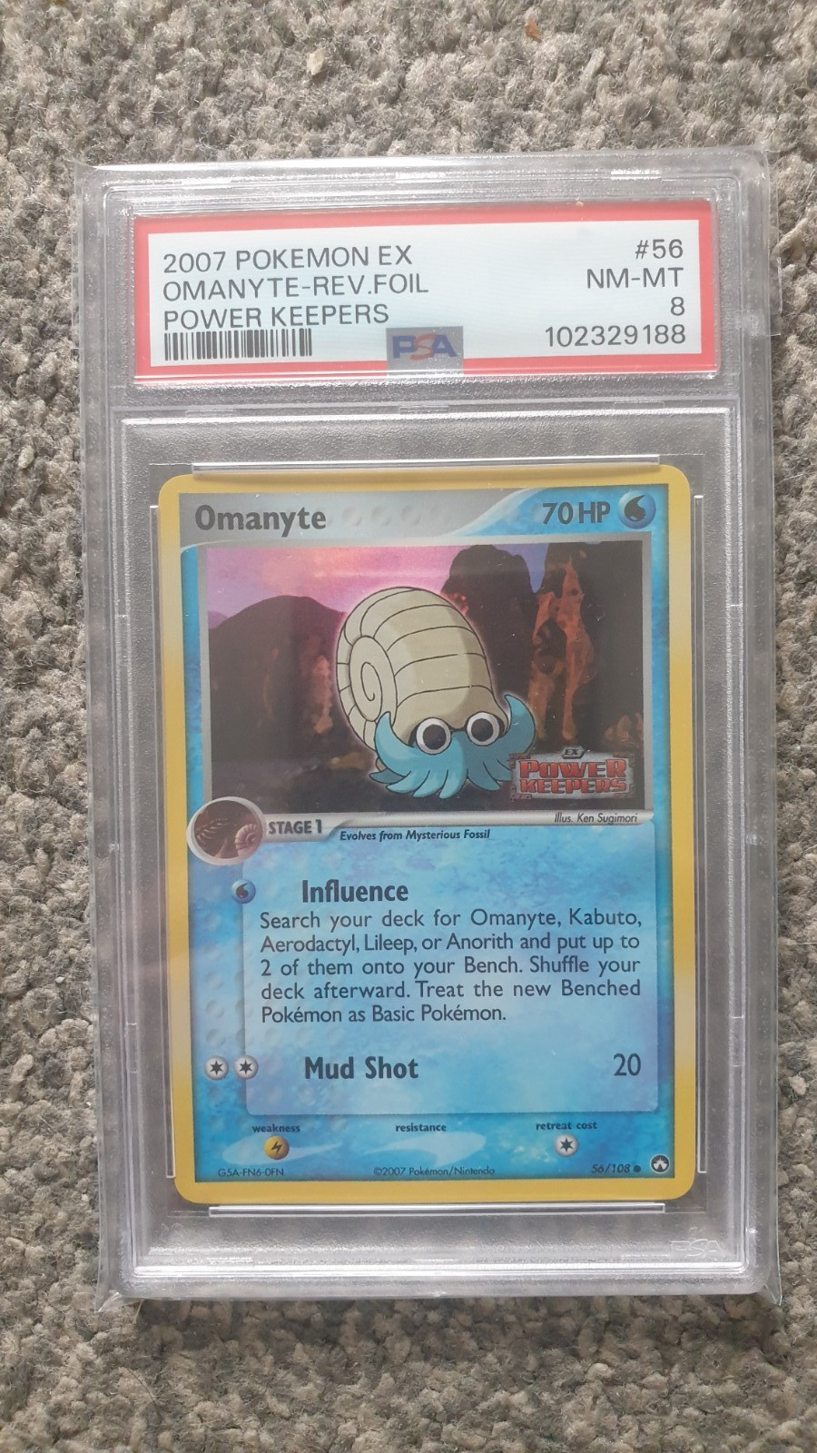 POKEMON CARD 2007 EX OMANYTE REVERSE FOIL/HOLO POWER KEEPERS #56 GRADED PSA 8