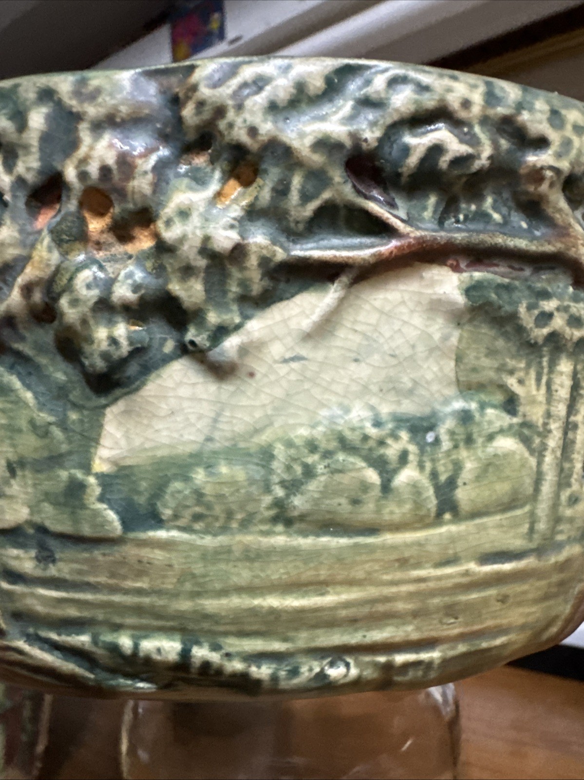 ANTIQUE USA WELLER FOREST TREE WOODCRAFT AMERICAN ART POTTERY FLOWER VASE BOWL
