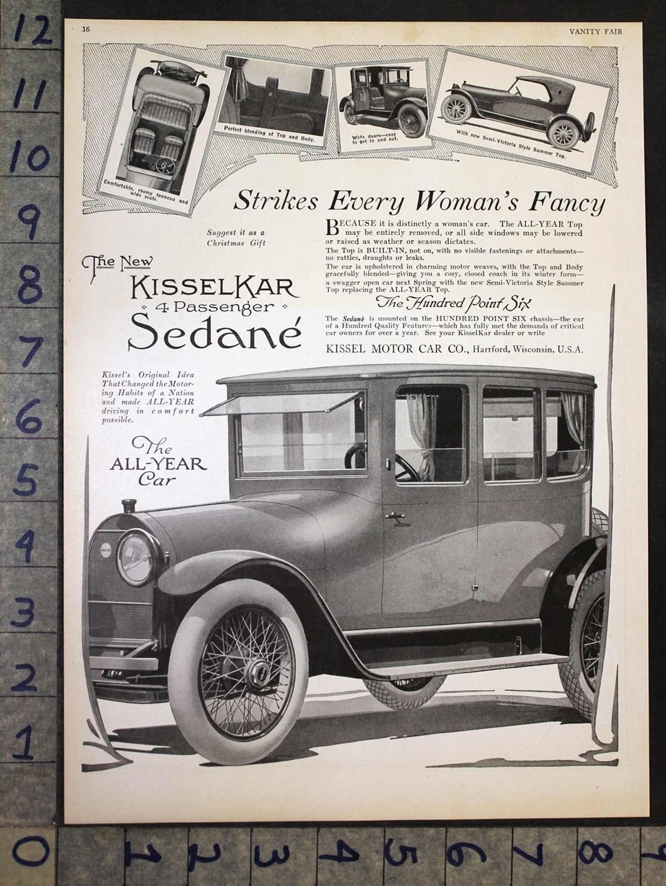 1917 KISSEL KAR SEDAN 4-PASS MOTOR AUTO CAR HARTFORD VICTORIA TOP AD FC14853