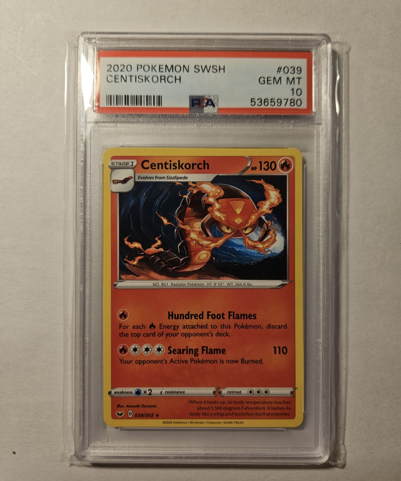 2020 Pokémon Centiskorch 039/202 Sword & Shield Rare PSA 10 Graded Card
