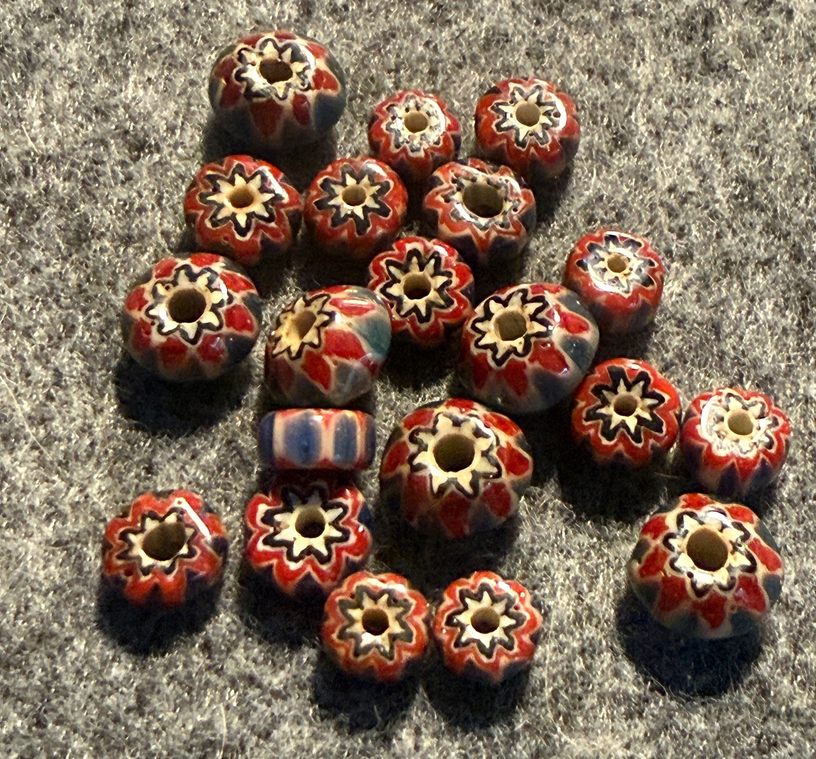 20 Original Chevron Glass Trade Beads Huron Indians 1700's Red White Blue