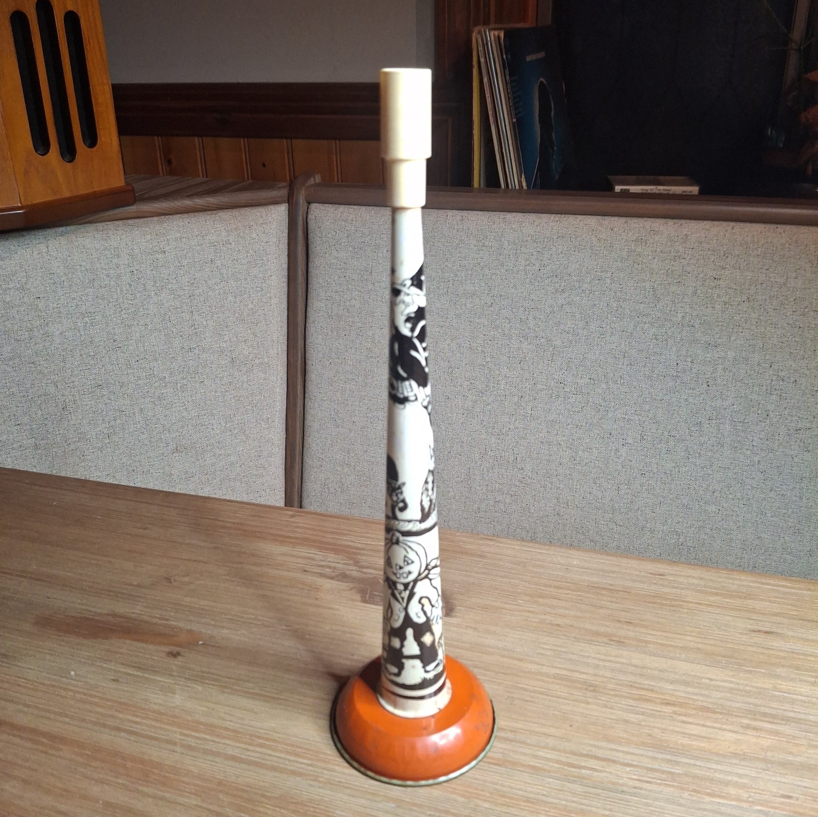 Vintage Halloween Tin Horn Noisemaker US Metal Toy Co Litho Witch Pumpkin JOL