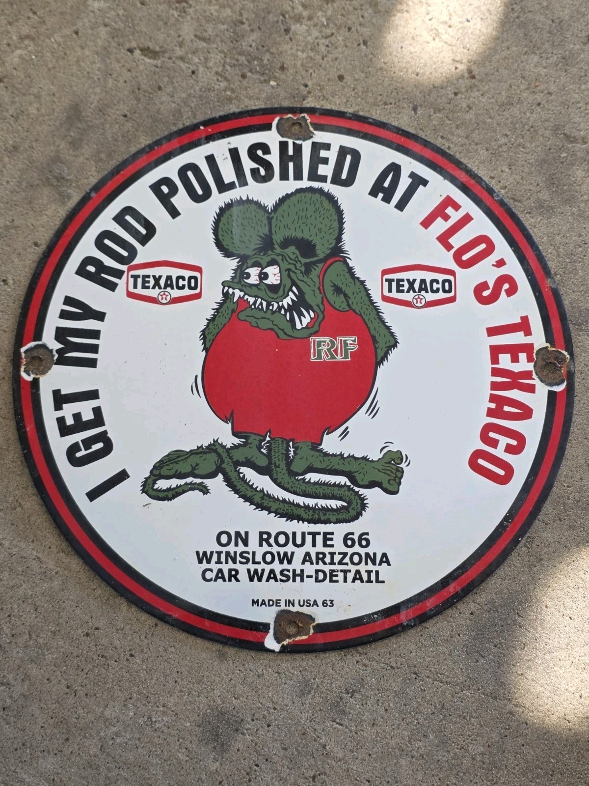 VINTAGE RAT FINK FLO'S TEXACO PORCELAIN SIGN 12