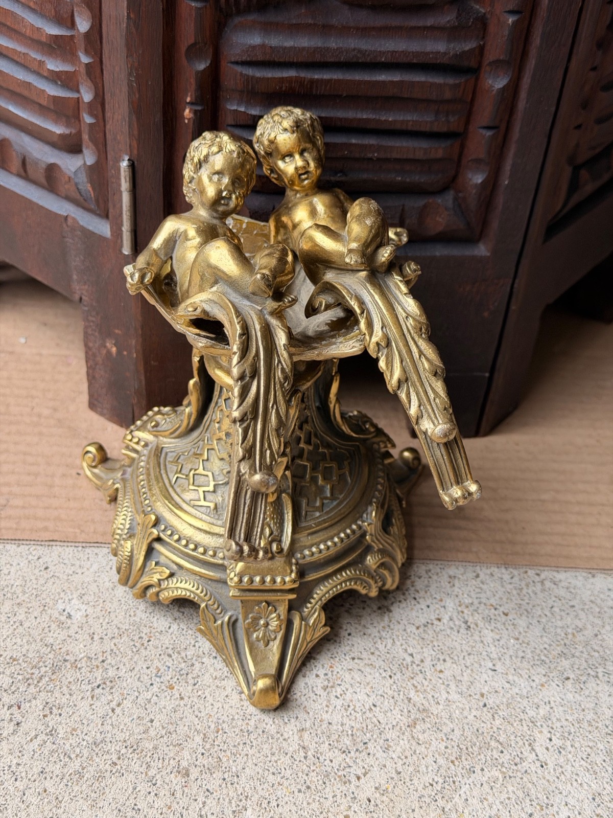 Antique French Rococo Gilt Brass Centerpiece Pedestal Base Putti Handles