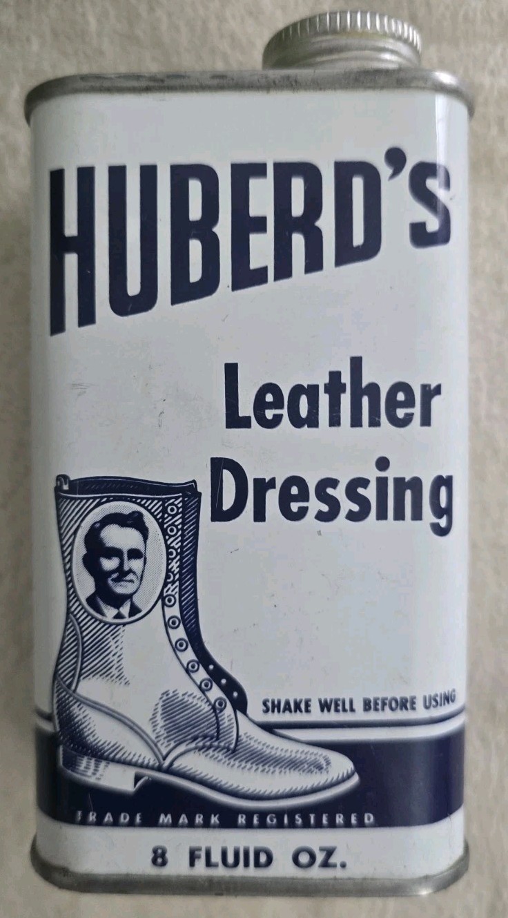 HUBERD\'S LEATHER DRESSING  Vintage METAL TIN CAN empty 5x2 1/2\