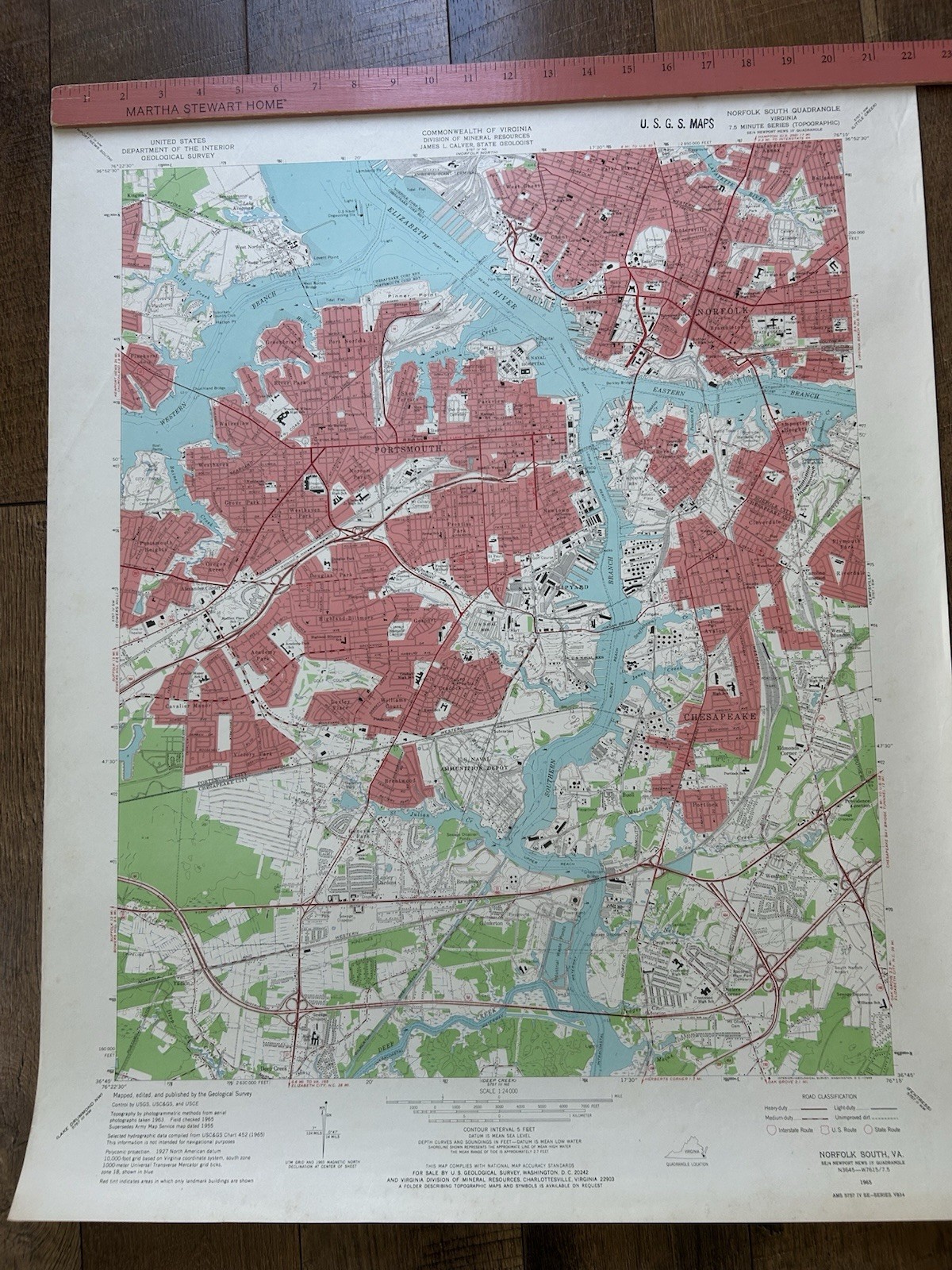 Vintage 1965 Geological Survey Map Virginia Commonwealth Norfolk South VA 22x27