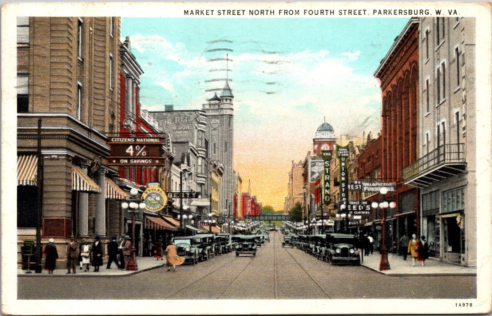 1931 Parkersburg West Virginia Market Street Linen Postcard Strand Gem