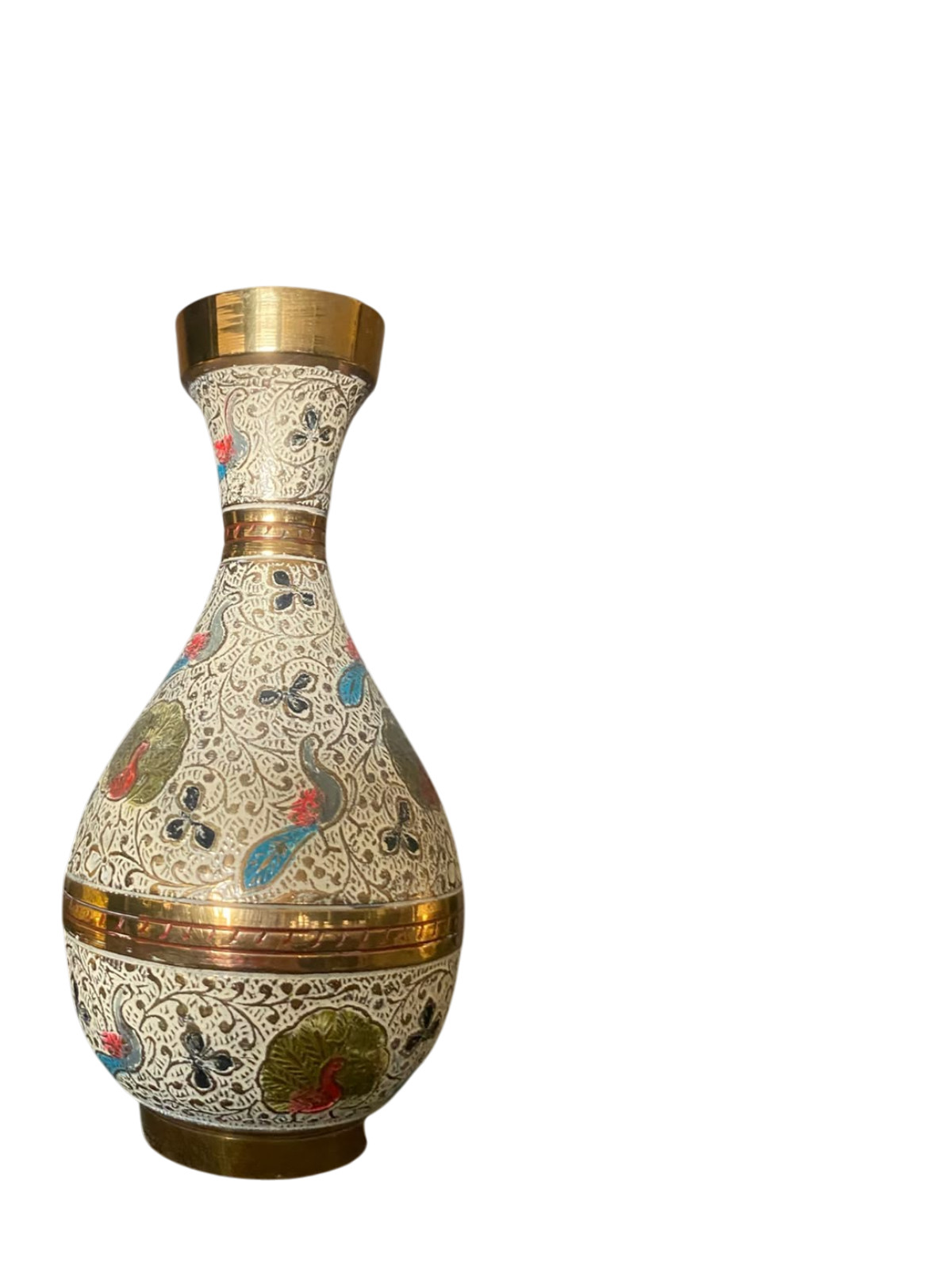 Vintage Brass Enamel Vase Hand Painted Peacock Floral Cream Gold Decorative Urn