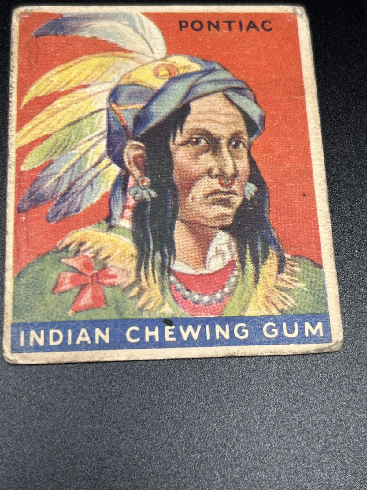 1933 Goudey Indian Gum R73 #28 Pontiac 48 Back Vintage Card Blue Panel 1933 Goudey Indian Gum R73 #28 Pontiac 48 Back Vintage Card Blue Panel