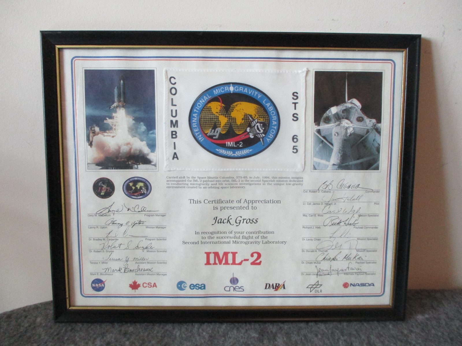 NASA SPACE SHUTTLE COLUMBIA STS-65 IML-2 FLOWN FLAG CERTIFICATE - ESA+NASDA+++