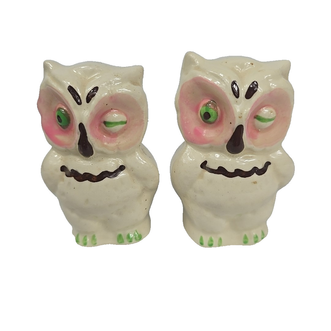 Vintage Shawnee Pottery Winking Owl Salt and Pepper Shakers Pink USA 1940s