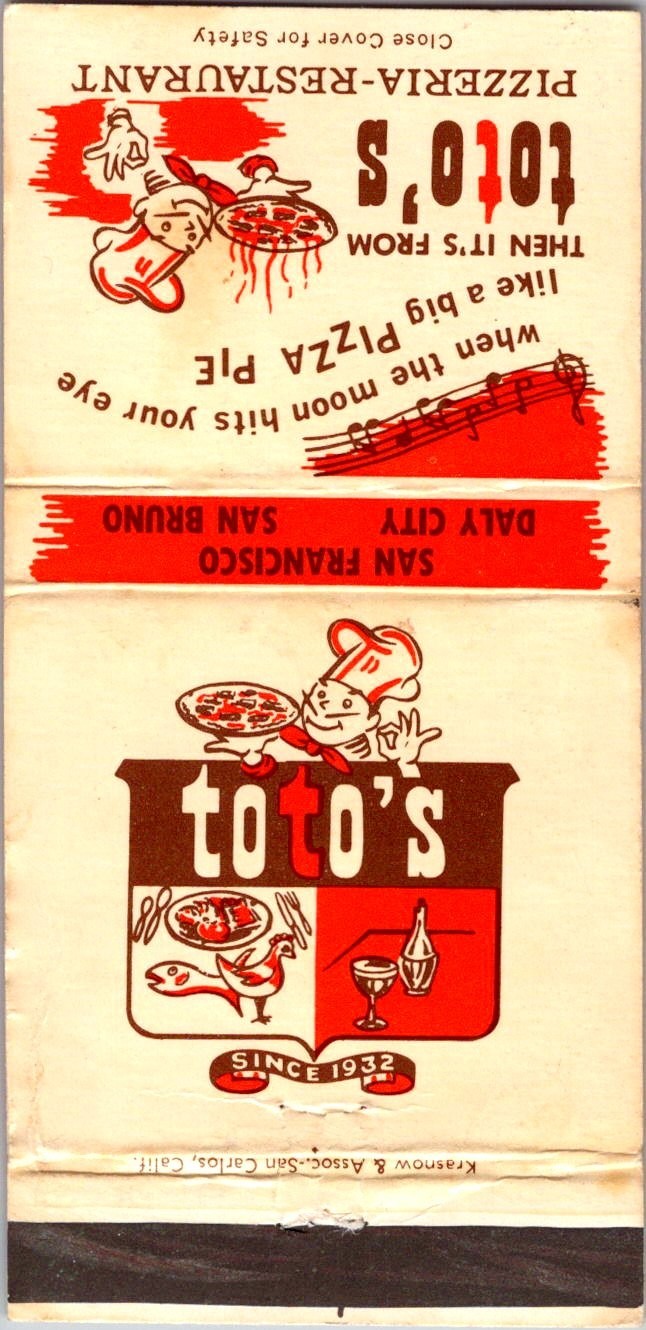 Toto\'s Pizza Delivery San Francisco CA Vintage Matchbook Cover TMM18-5