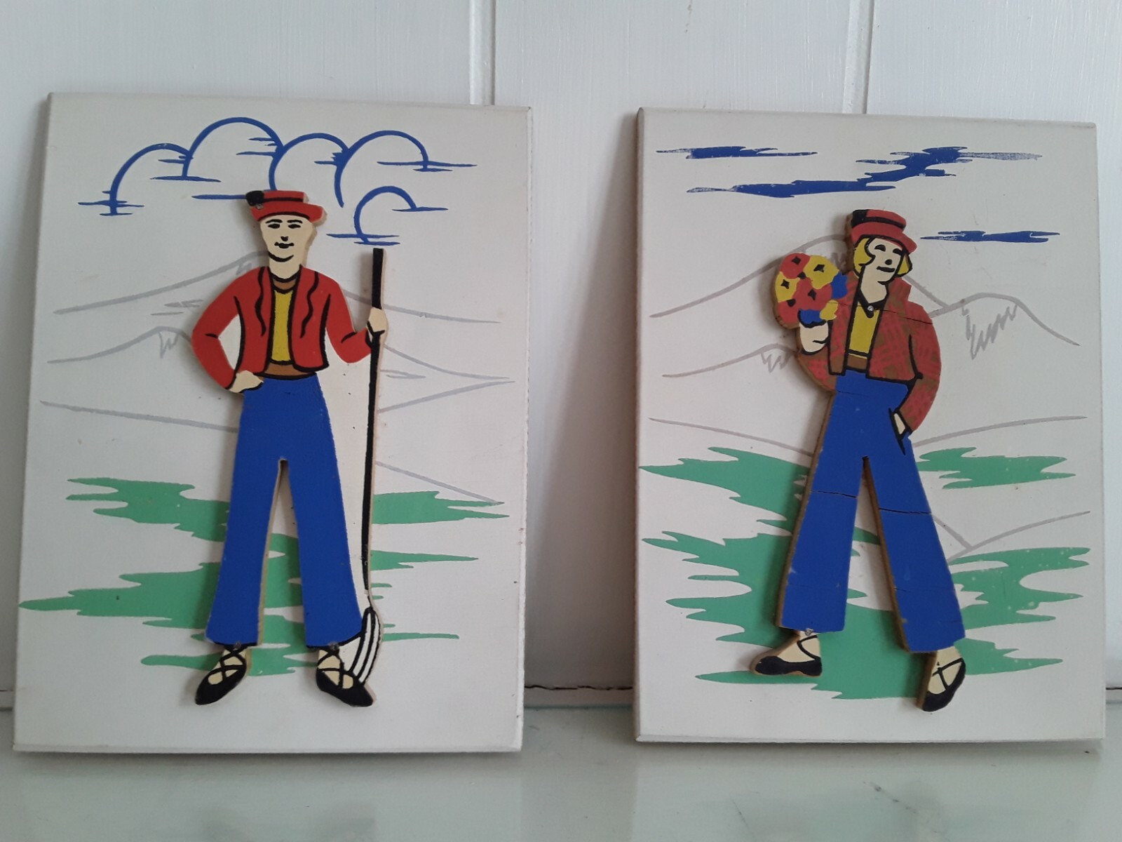 Vintage Wood Plaques 1930s European Man Woman Figures in Mountains Colorful
