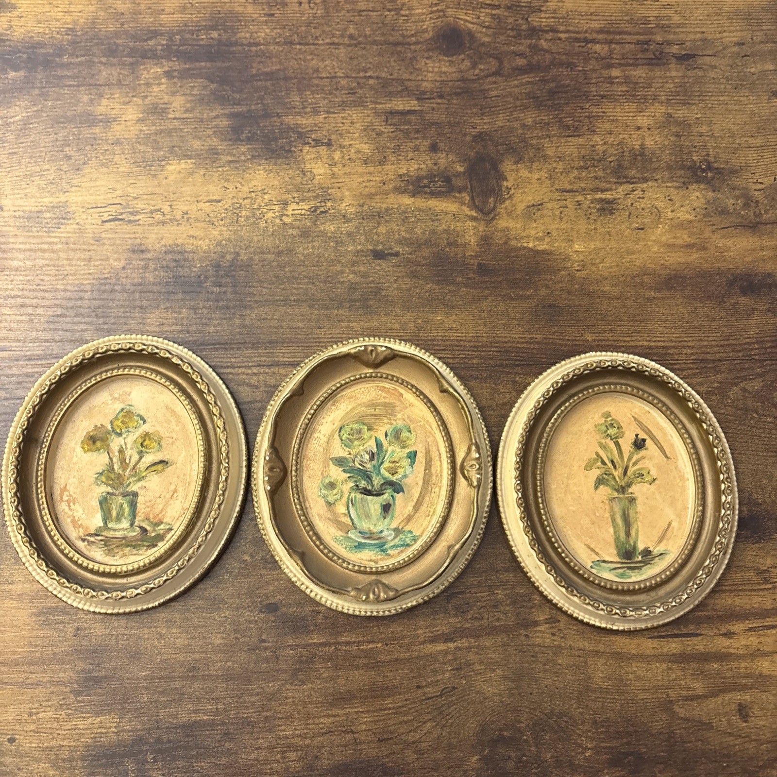 VTG Miniature Floral Paintings Set Of 3 Oval Ornate Gold Gilded Frames Art VTG Miniature Floral Paintings Set Of 3 Oval Ornate Gold Gilded Frames Art