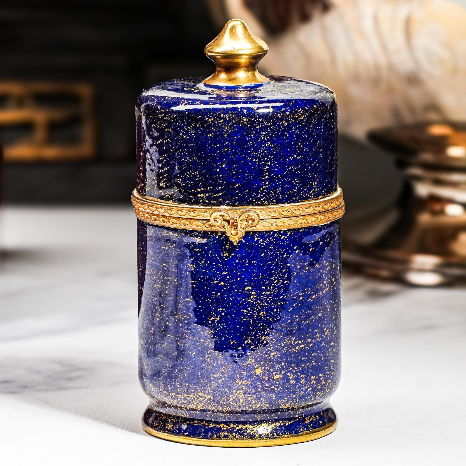 Beautiful Hand Painted Le Tallec Vintage French Porcelain Blue and Gold Jar Box