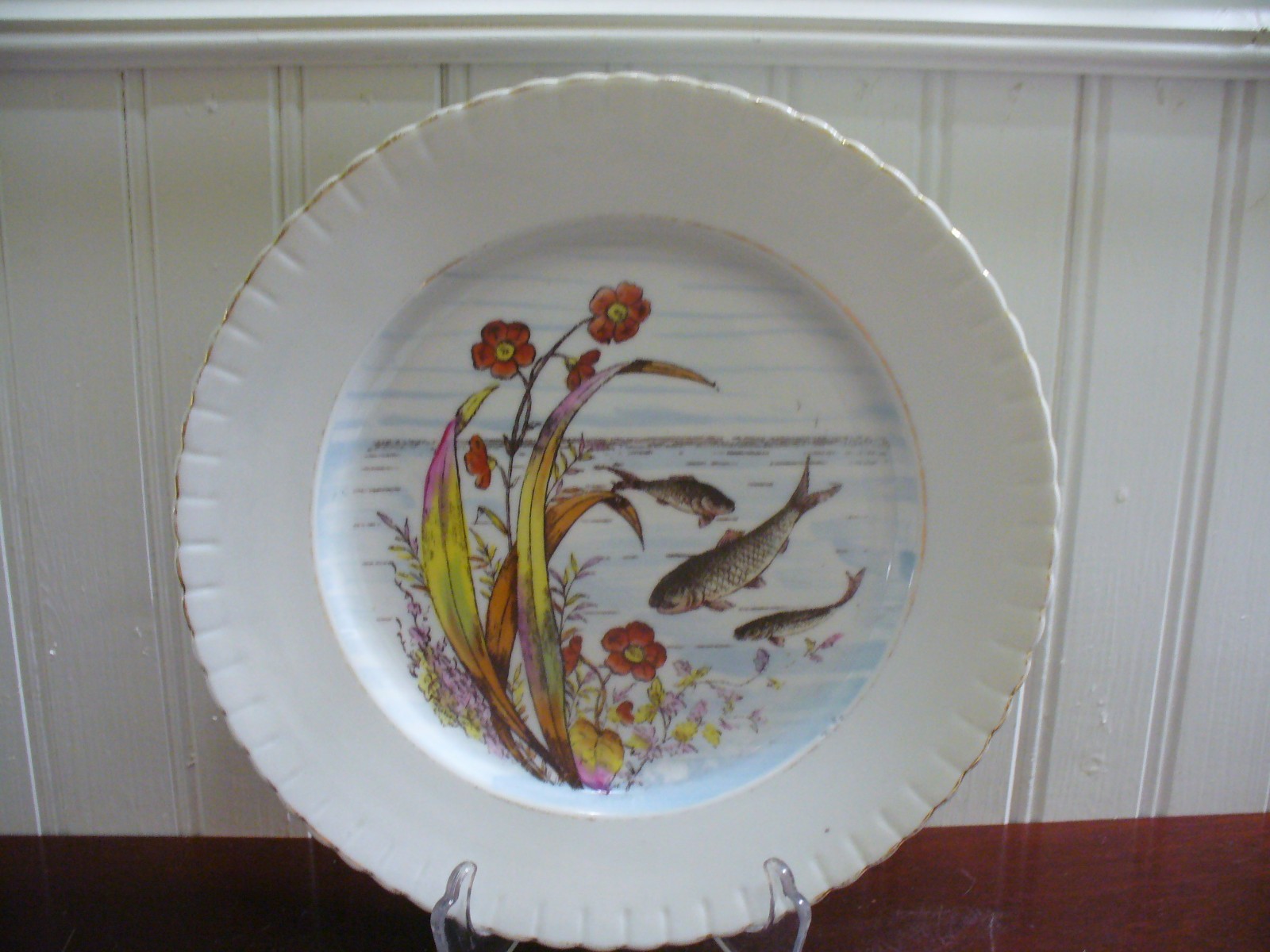 Vintage Handpainted Porcelain Flower and Fish Motif Accent Plate 