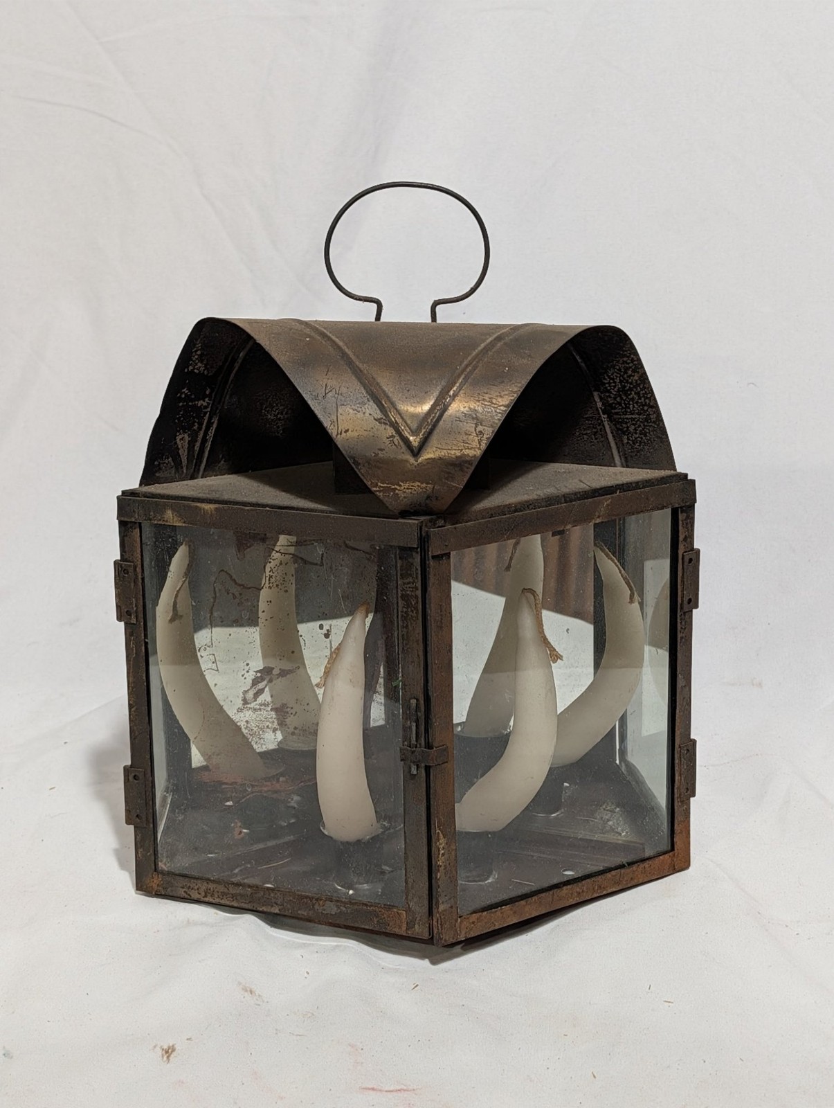 Vintage Tin Candle Lantern 4-Panel Glass Hanging Primitive Colonial 14 in Tall Vintage Tin Candle Lantern 4-Panel Glass Hanging Primitive Colonial 14 in Tall