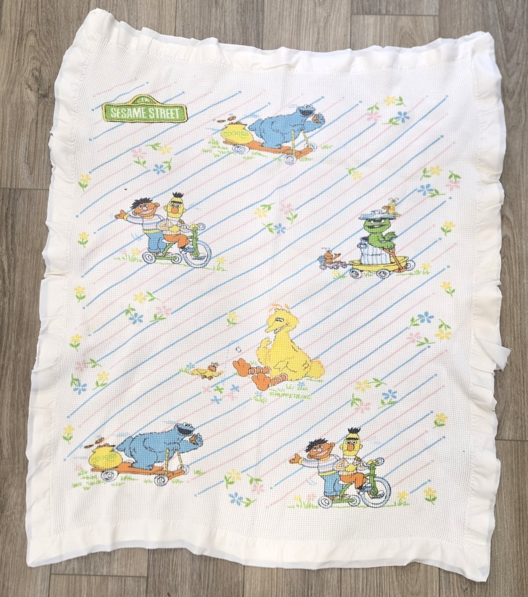 Vintage 43in By 35 In Seasame Street Character Blanket Waffle Weave Satin Board