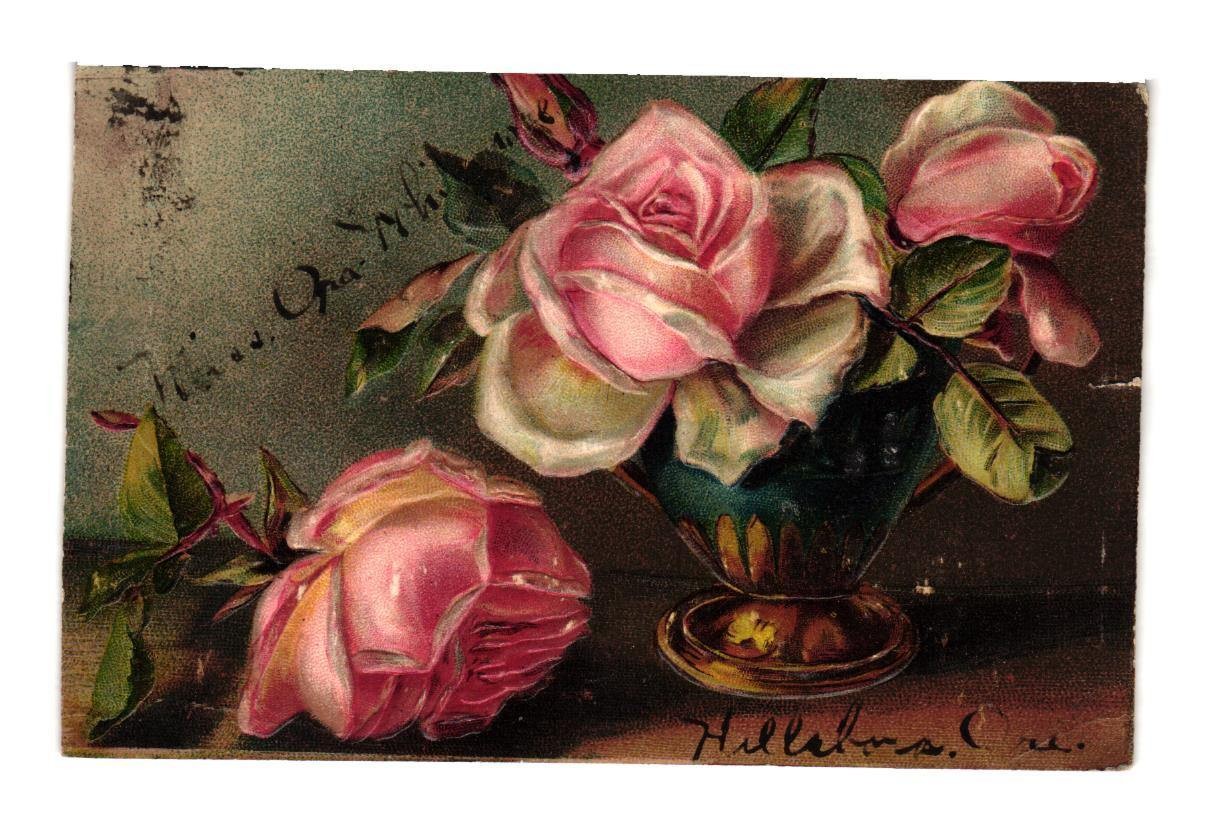 Antique 1909 Embossed Pink Roses Floral Postcard Printed in Germany Posted