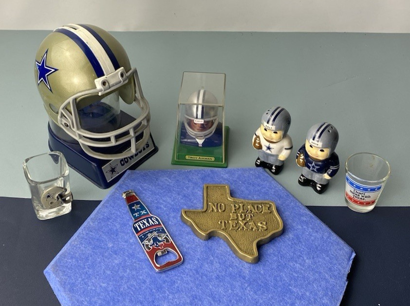 Lot of Dallas Cowboys Texas Salt & Pepper Shaker Helmet Aikman Shot glass Opener