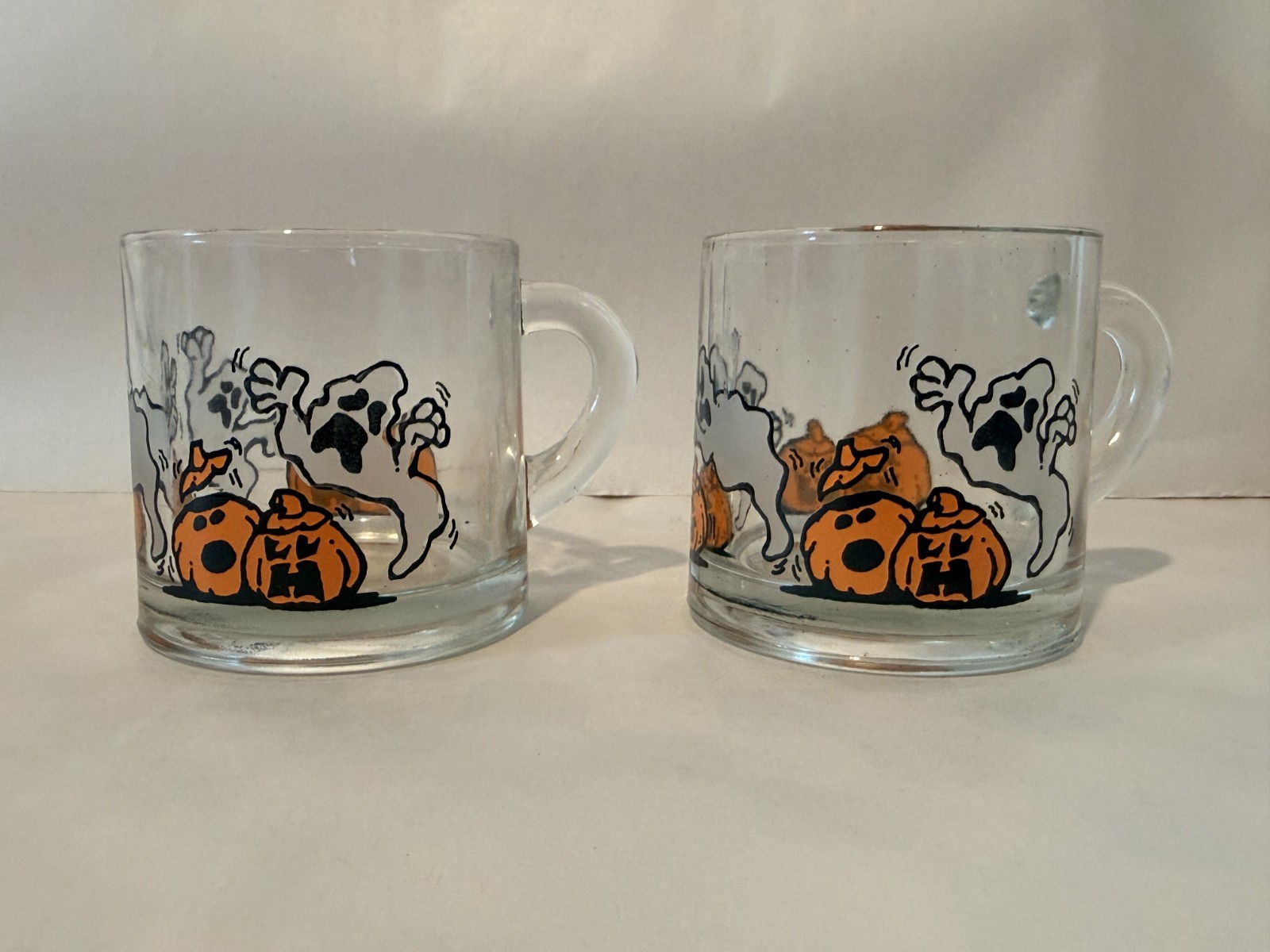 Vintage Luminarc Glass Halloween Mug Cup Trick or Treating Ghost Jack O Lanterns
