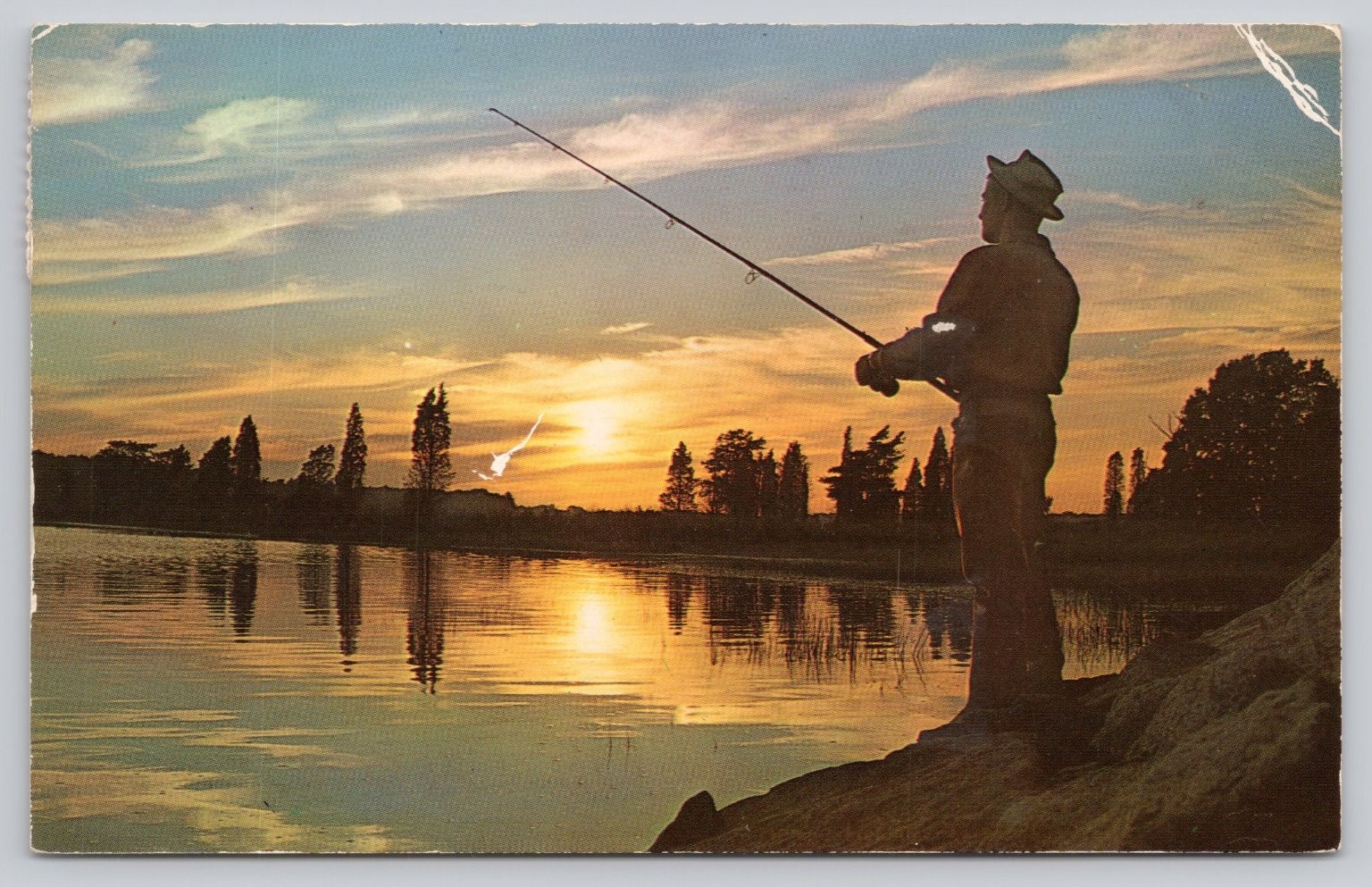 1969 Naples FL Silhouetted Angler Sunset Fishing Plastichrome Postcard