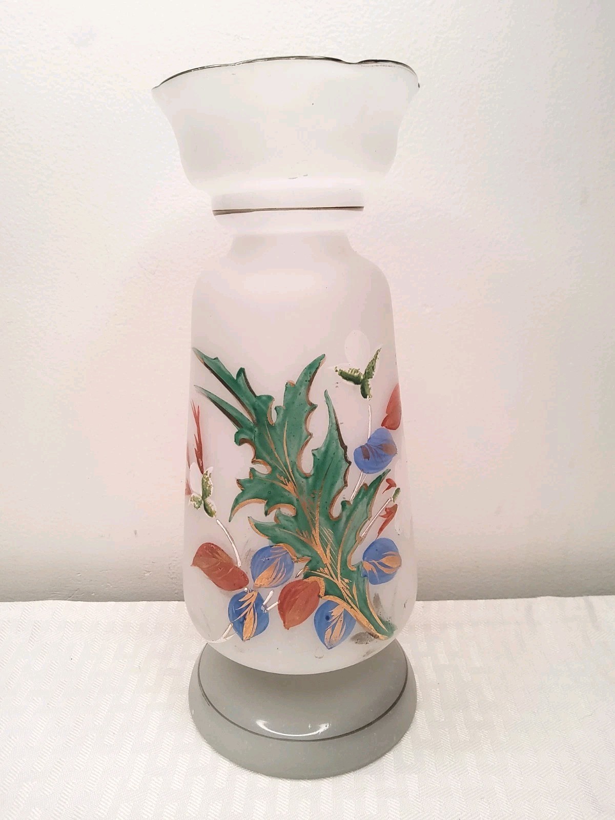 Antique Victorian Bristol Handpainted Floral Vase Satin Opaline No Chips (139)
