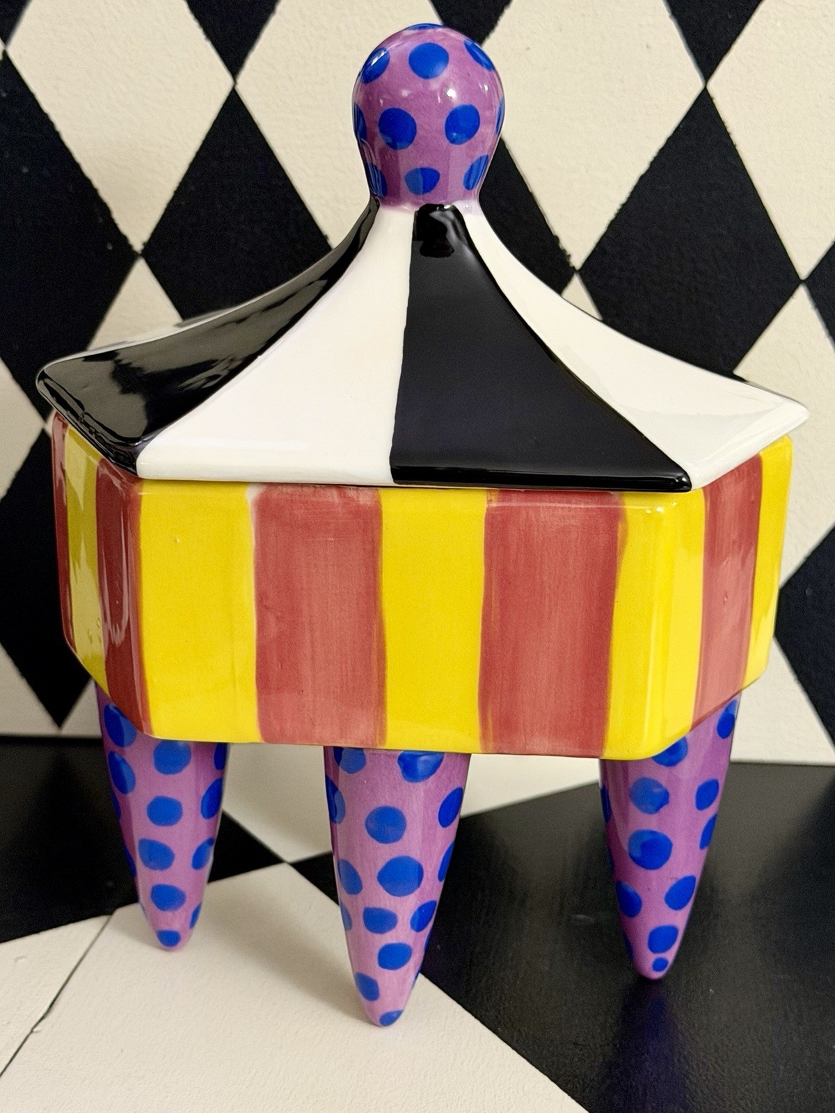 VTG Signed Handpainted Circus Tent Lidded/Footed Ceramic Pottery Trinket Box