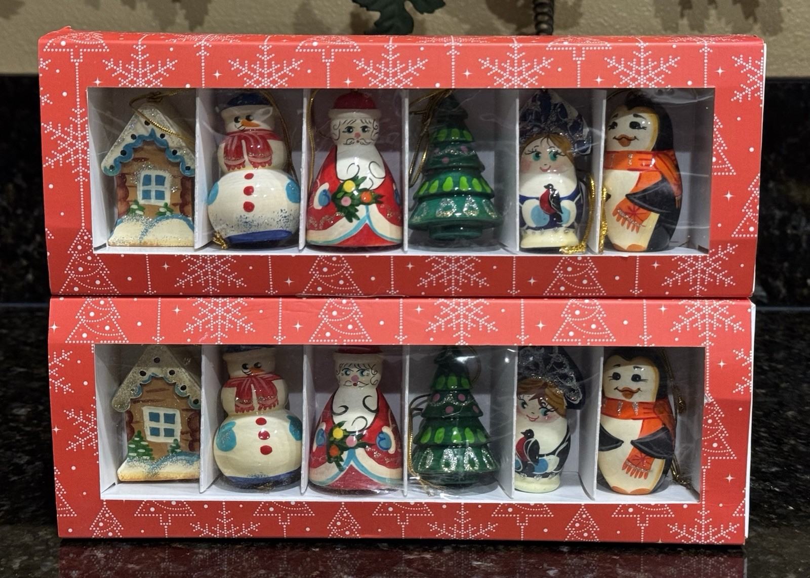 12 Vintage Russian Folk Art Christmas Wooden Ornament Set Made In Russia Boxed