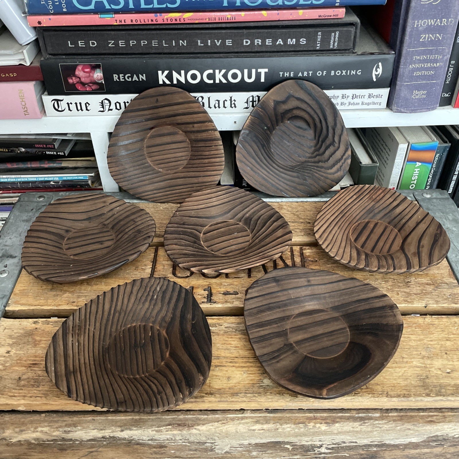 Set Of 7 RARE Vintage Witco Style Burnt Wood Coasters / Saucer Plates Tiki MCM