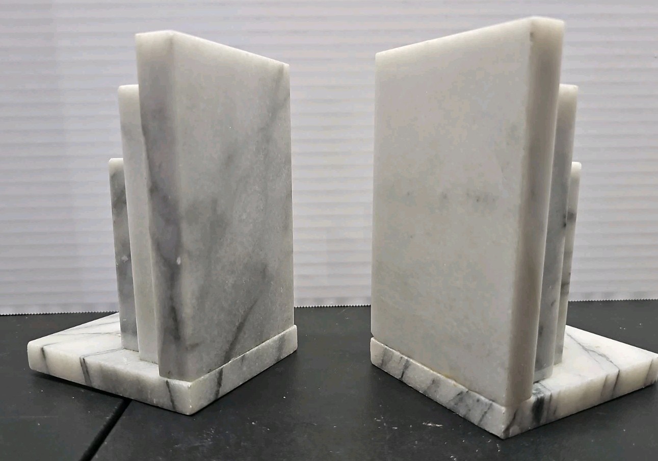 Vintage Marble Bookends From Italy MCM White Gray Marble. Heavy Stone Slab