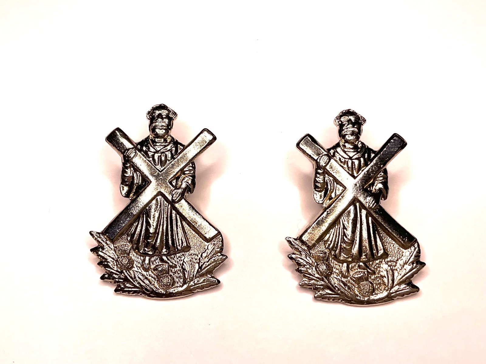 Pair Vintage Scottish St Andrew Cross Thistle White Metal Military Style Badges