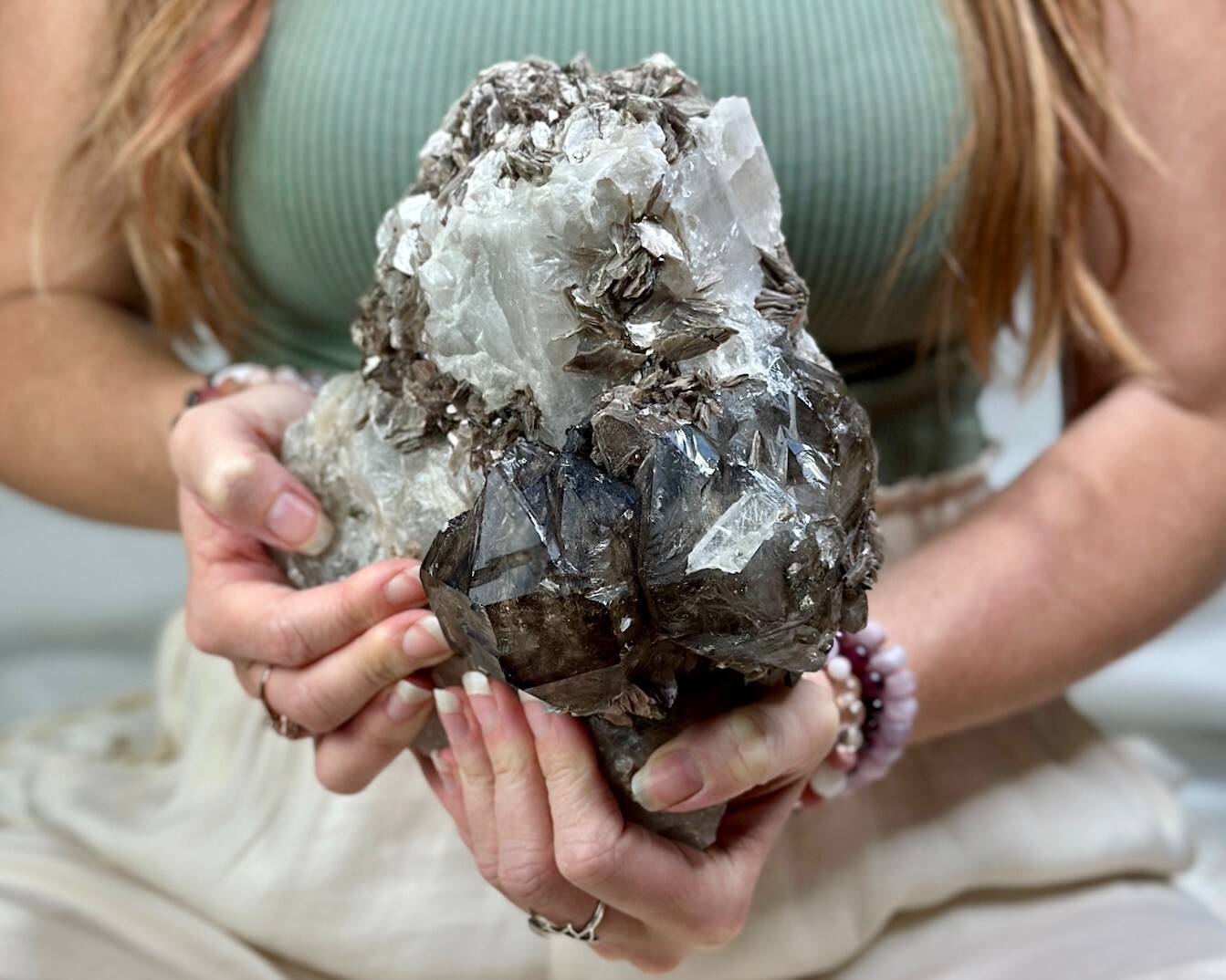 Smoky Elestial Quartz w/ Mica & Rainbows 20.4LB Cluster Brazil Giant Specimen