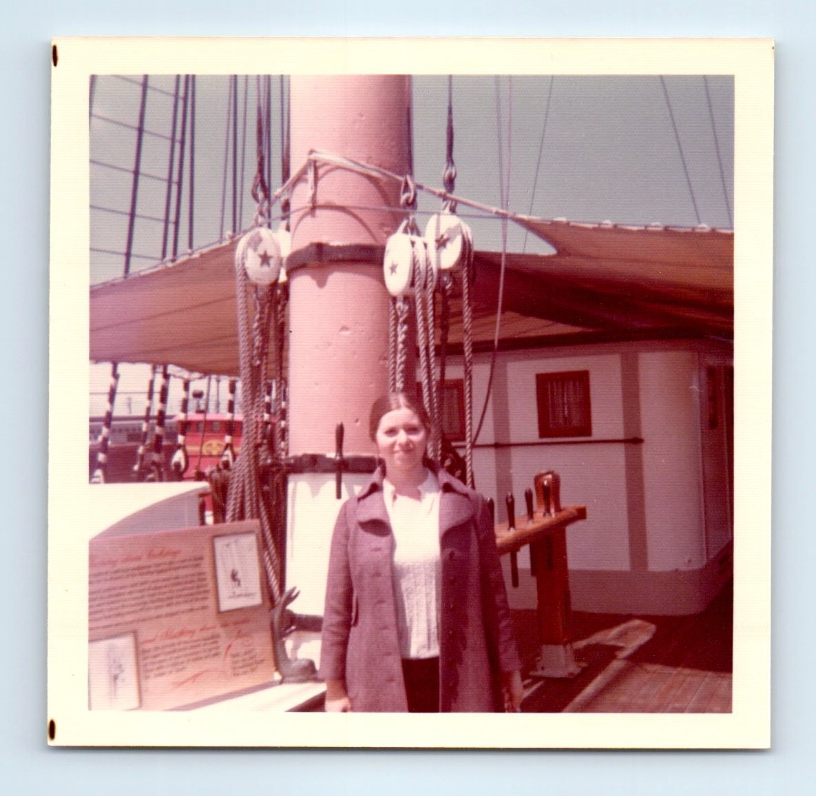 Old Vintage Square Color Photo SOLO WOMAN ABOARD CRUISE SHIP BOAT YACHT DECK